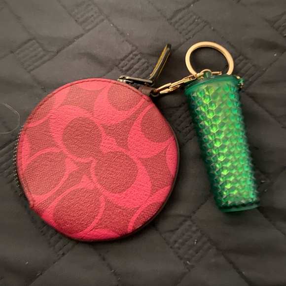COACH Purple-Pink Red Coin Purse with Green STARBUCKS Keychain - Picture 1 of 4